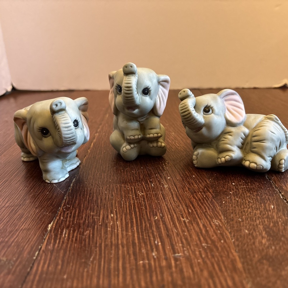 Vintage Homco Set of 3 Baby Elephant Collectible Figurines #1400 Gray Stickers